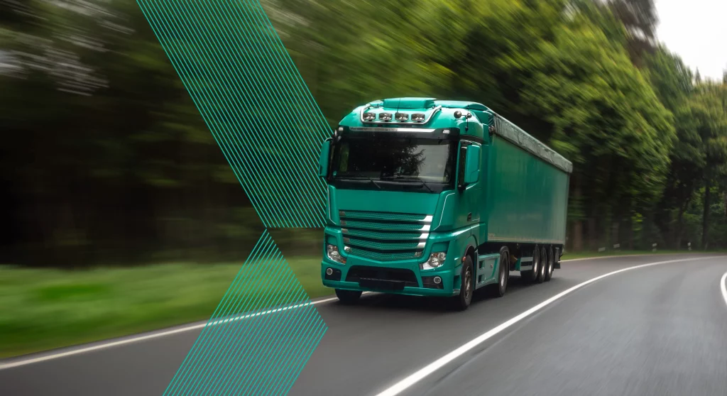 Truck travelling and demonstrating international fleet connectivity data across multiple countries