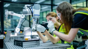 Engineers working with an AI-powered robot arm, an example of Physical AI in practice